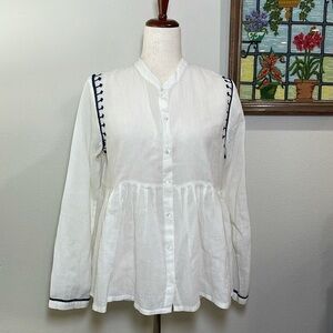 NWT’s Gauzy lightweight Cotton Embroidered Blouse White Navy Ruffles Size Medium